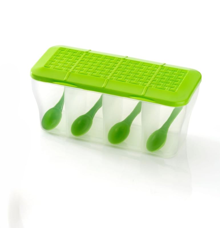 Image of SORATH 4 in 1 Multipurpose 4 Section Kitchen, Fridge Storage Airtight Container Set for Vegetables, Dryfruits, Spices, Groceries, and Pickles with 4 Spoons Storage Set 1800 ml- (Green, Pack of 1)