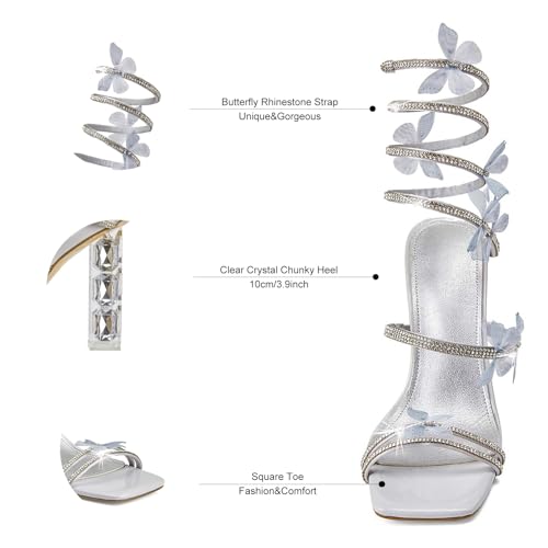 VOZTOLLS Women's Rhinestone Crystal Butterfly High Heels Stylish Open Square Toe Spiral Ankle Strap Dress Chunky Heeled Sandals For Wedding Party Banquet Silver Size 7.5 by VOZTOLLS - Used condition - Image 6