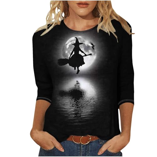 2024 Halloween Shirts for Women Cute Funny Ghost Graphic Tee Crewneck 3/4 Sleeve Tops Halloween Pumpkin Gift T Shirt