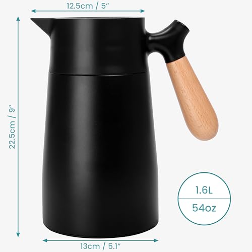 Belle Vous Black Stainless Steel Coffee Carafe with Wooden Handle - 1.6L/54oz Thermal Double-Walled Drink Jug - Vacuum Insulated Dispenser Pot for Maintaining Coffee, Tea, Water & Beverages Hot or Cold - Image 2