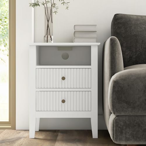 FansaFurn Fluted Night Stand, Wide Nightstand with 2 Drawers, 23" Tall Wood End Table with Storage, Modern Bedside Table with Golden Handle for Bedroom Living Room, Home Office, White by FansaFurn - Used condition - Image 7