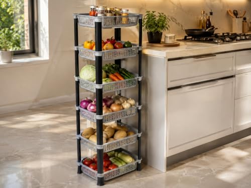 Image of KITCHIVO Multipurpose Storage Organizer Slim Rack Shelf with Wheels for Living Room, Office, Bedroom, Bathroom, Kids Room, Kitchen Trolley (Grey, 6 Layer)