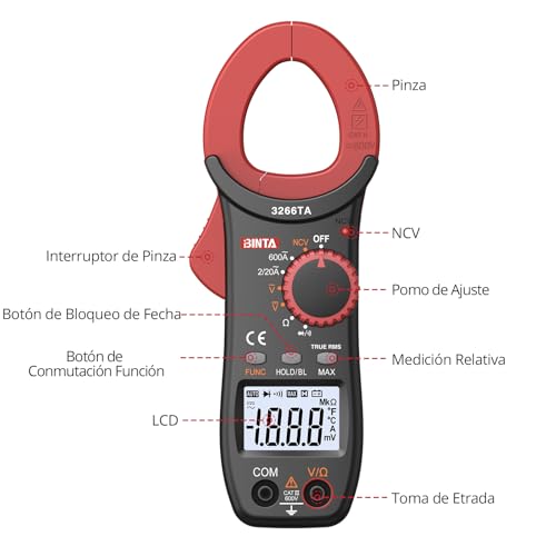 Miniatura 3 de Binta Pinza Amperimétrica, 600a 2000 Cuentas Pinza Multímetro Digital Profesional Ncv Trms Mide Voltaje Ca Cc, Corriente Electricidad, Resistencia, Diodo, Función De Continuidad - Con Iluminación