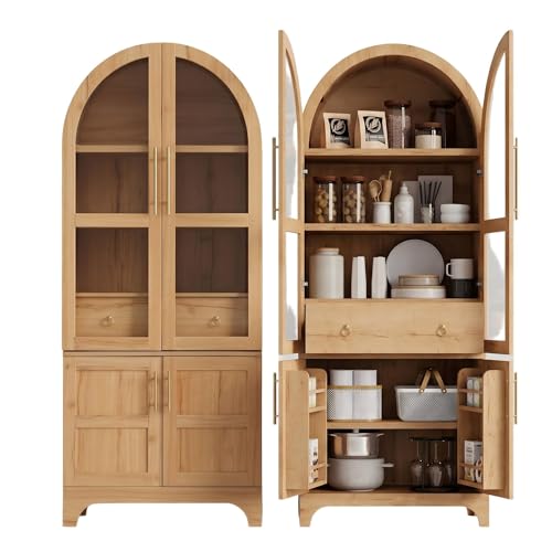 Kitchen Pantry Cabinet, 71" Tall Arched Kitchen Storage Cabinet Wood Farmhouse Kitchen Storage Cabinets with Glass Door, Adjustable Shelves, Hidden Drawer Versatile Cupboard for Kitchen (NATURAL)