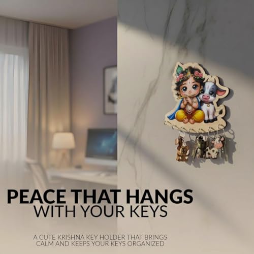 Image of Krishna Key Holder for Wall - Baby Krishna with Cow Key Stand with 7 Hooks - Wooden Wall Mounted Key Hanger for Home Decor - 7x9 Inch - No Drill Installation