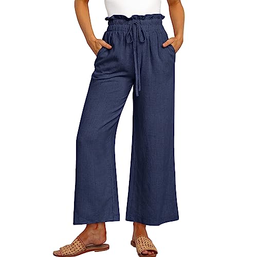 Women Linen Pants Wide Leg Casual Loose High Waist Drawstring Palazzo Pant Ruffled Boho Beach Capri Pant with Pockets