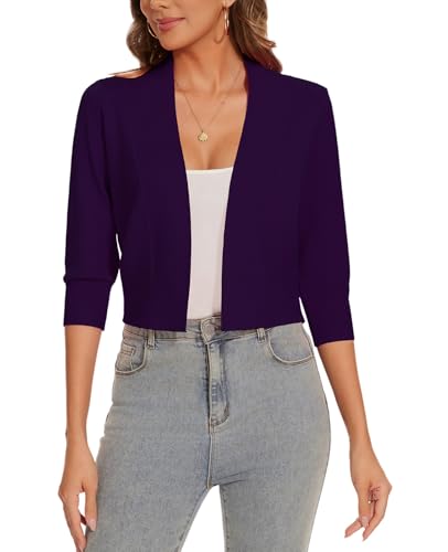 Image of Women 3 /4 Sleeve Cropped Cardigan Lightweight Casual Open Front Bolero Shrug Sweaters