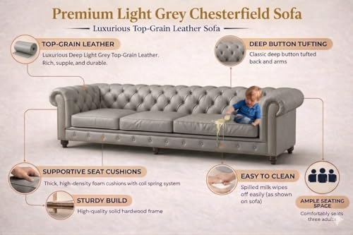 Image of Modern Classic Design Leatherette Luxury Chester Sofa Set with Button Tufted, 3+2=5 Seater Sofa for Living Room Home, Office and Lobby (Grey, 3+2=5 Seater Sofa)
