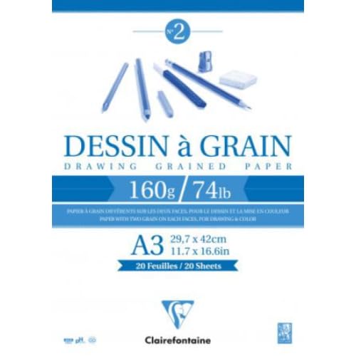 Lot de 5 Bloc encollé de 20 feuilles de Papier Dessin blanc à Grain, 160 g/m², A3