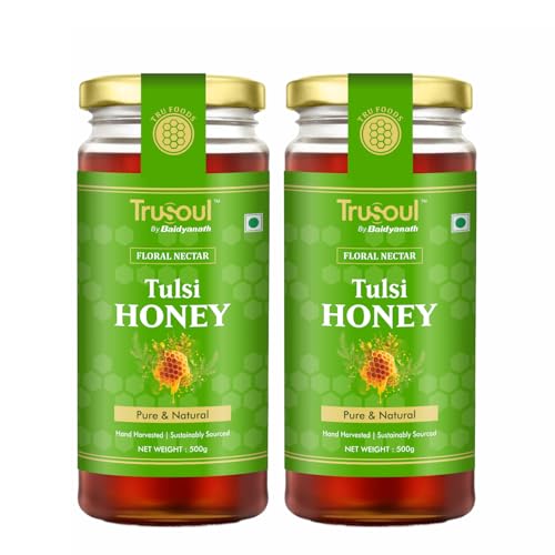 Image of Baidyanath TruSoul Pure & Natural Tulsi Honey 500g | Wild Forest Sourced | Natural Immunity Booster | Raw & Unprocessed Honey | No Adultration | Glass Jar | Lab Certified (Pack of 2)