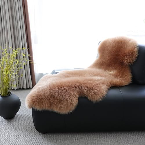 高級ムートンラグ 天然羊毛 長毛 蓬松暖かい 2匹【70×160cm】キャラメル 毛皮 ラグ キャンプ ムートン 北欧風 インテリア＆キャンプに最適 オーストラリア産 [5]