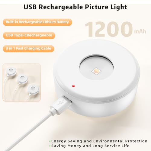 Image of Picture Lights with Remote, Wireless Rechargeable Battery Operated Wall Light 3 Pcs Dimmable and Timer Metal Art Light for Paintings,Display, Wall, Artwork, Gallery (White)