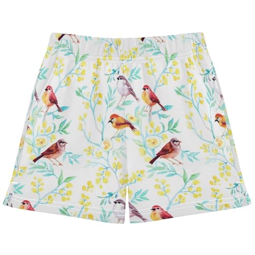 Girls Shorts Watercolor Birds Yellow Floral Comfy Athletic Summer Casual Pajama Shorts Youth Kids Clothes, X-Small