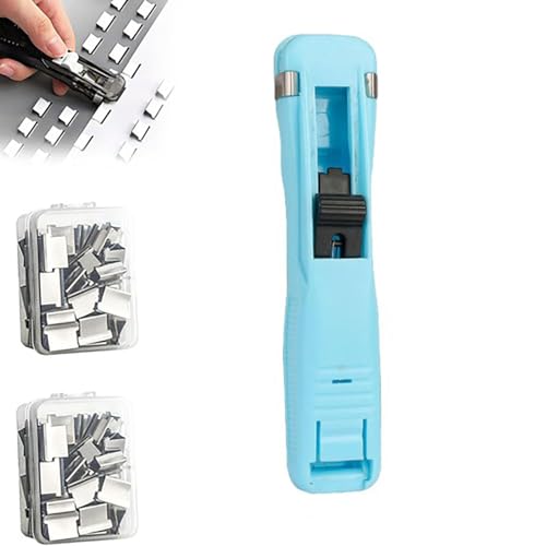 Portable Binder Clip Stapler,Handheld Paper Clam Clip Dispenser with 100 Reusable Clips,Anti-Slip Practical Paper Clamping Tool for Office Mini Push Stapler,Large Size Fast Paper Clipper (Blue)
