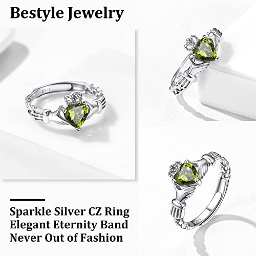 Bestyle 925 Sterling Silver Infinite Birthstone Rings August Peridot Crystal Celtic Claddagh Band Rings, Dainty Love Statement Rings Adjustable, Minimalist Ring Gift On Birthday #TOP1