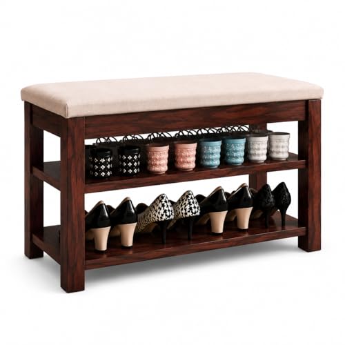 Image of OGESTA Premium Sheesham Wood Shoe Rack with Upholstered Bench - 2-Tier Solid Wood Entryway Shoe Organizer - Durable Hallway Storage Bench for Living Room & Bedroom (Teak, 31inch)