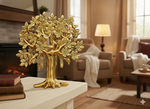 Image of Metal Kalpavriksha Tree for Home Decor - Golden Wish Fulfilling Tree Metal Showpiece for Temple, Vastu, Office Table & Gifting Banyan (No 2 Golden)