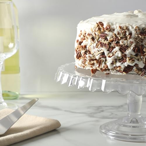 Image of Martha Stewart Watercrest Glass Cake Stand, 10.2 Inch Footed Pedestal Cake Plate with Scalloped Ruffled Edge, Clear Handmade Glassware for Weddings, Parties, and Dessert Display