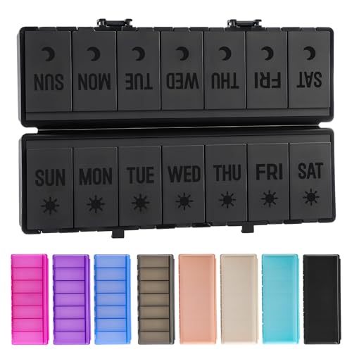 Foldable Pill Organizer 2 Times a Day w/Etched Labels -Dual Protection & Portable Weekly AM PM Pill Box, 7 Day Medicine Container, Large Travel Pill Case for Week Daily Supplement Vitamin - All Black