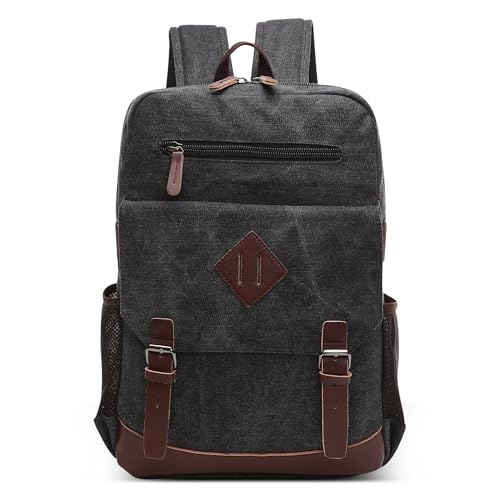 DEEVORCA Mochila de Lona Vintage Hombre Moda Grande Casual Bolsas para 17.3 Pulgada Ordenador Portatil Múltiples Bolsillos Cámping Viajar Escuela Trabajo Senderismo Lienzo Hombre Backpack Negro