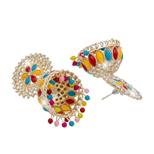 Bodha Traditional Indian Gold Plated Multicolour Polki CZ, Crystal Studded Jhumka Earring For Women (SJE_71_MT) by Bodha - Image 4