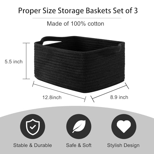 سلة تخزين للحضانة منسوجة من الحبال القطنية مستطيلة الشكل مع مقابض للرفوف من اوياهومي، مجموعة من 3 قطع