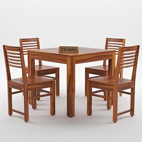 Image of Solid Sheesham Wood Dining Table 4 Seater | Square Four Seater Dinning Table with 4 Chairs for Home | Wooden Kitchen Dinner Table 4 Seater | Dining Room Sets for Restaurants | Teak Finish