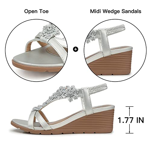 TEMOFON Women's Low Wedge Heels Summer Dressy Platform Sandals Elastic Ankle Strap Open Toe Flower Shoes Silver Size 8
