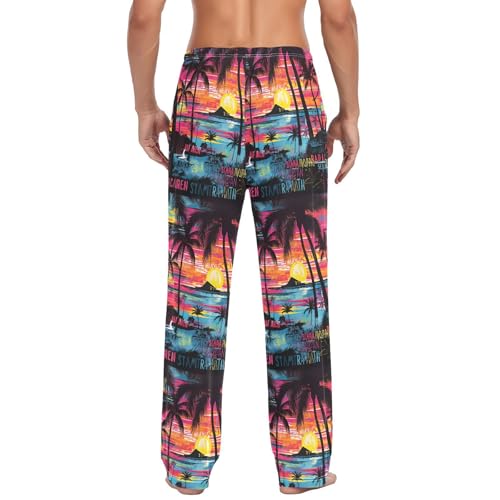 Men's Tropical Palm Trees Pajama Pants with Pockets - Straight Fit Cotton Sleep Bottoms for Lounge & Nightwear#9943