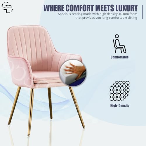 Image of Velvet Accent Chair with Matching Pouffe & Floral Cushion | Modern Upholstered Armchair with Gold Metal Legs | Lounge Chair for Living Room, Bedroom, Office, Guest Room (Baby Pink)