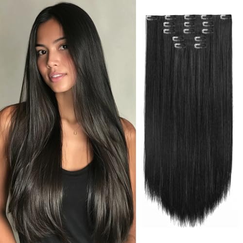 StrRid Natural Black Hair Extension Clips 26 Inch Long Invisible Straight Thick Synthetic Clip in Extensions Ins 5PCS Easy Installation Fake Soft Hairpieces for Women Weddings Party Daily Use 8.1 Oz