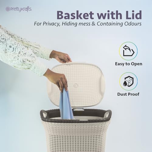Image of PrettyKrafts 60 L Plastic Laundry Basket with Lid | Large Clothes & Toy Storage Bin 61x45x35 cm | Durable Ventilated Knit Design | Easy-Grip Handles | Ideal for Home & Kids Room Organiser