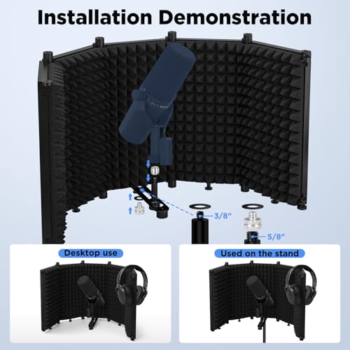 LZSIG Microphone Isolation Shield, Foldable Mic Shield with Triple Soundproof, Reflection Filter with 3/8" and 5/8" Threaded for Recording Studio, Podcasts, Singing, and Broadcasting - XL(30"x12.9")