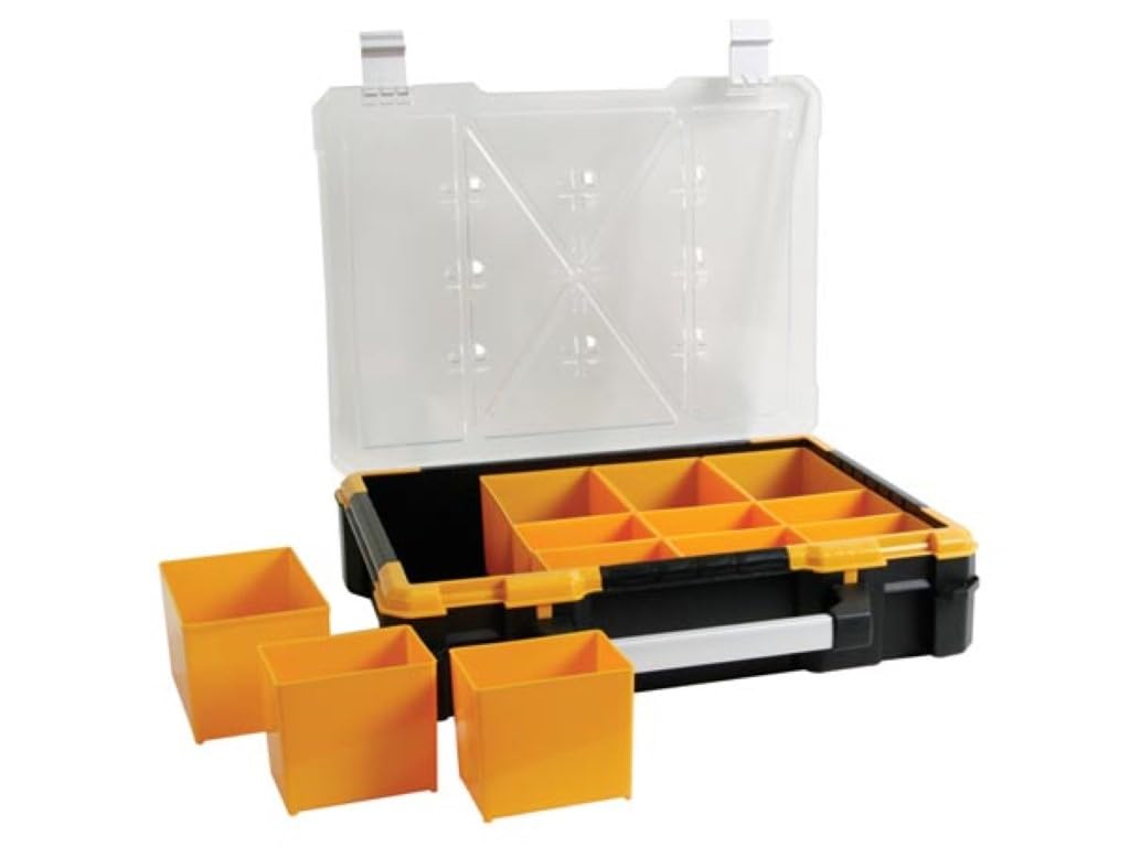 Perel Scatola assortimento, contenitore in plastica con 12 vaschette rimovibili, coperchio trasparente, impilabile, maniglia e chiusure in alluminio, per viti dadi chiodi e piccoli componenti