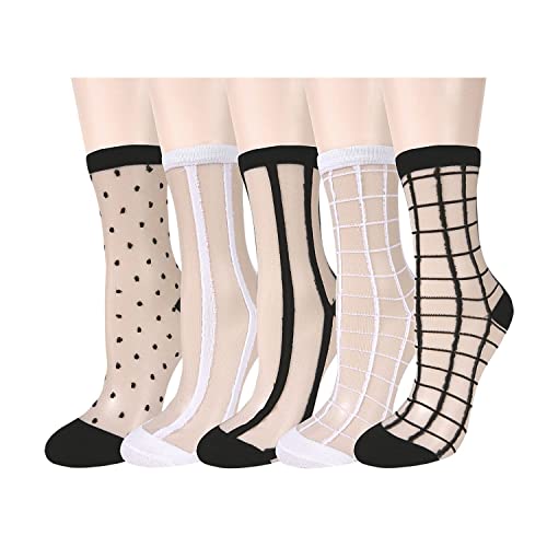 Womens Girls Sheer Socks Striped Lace Ankle Mesh Socks Novelty Cute See Through Fancy Dress Socks Ultra Thin Fishnet Polka Dot Plaid Silk Nylon Crew Socks New Year Socks Women, 5 Pack-Black White #TOP7