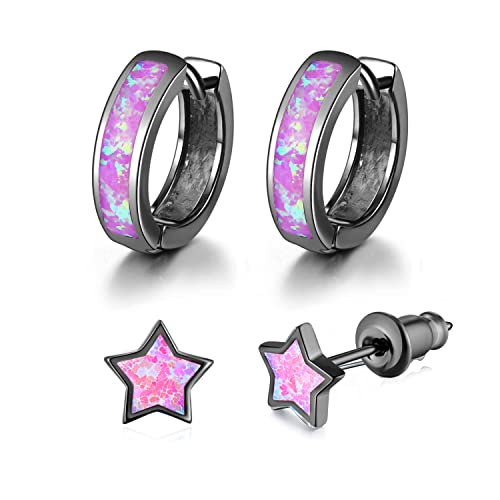 CiNily 2 Pairs Black Gold Plated Opal Hoop Earrings & Star Studs for Women