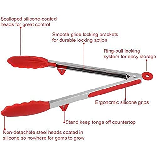 Image of YANCI Kitchen Tongs Set of 3, Multipurpose Heat Resistance Cooking Tongs with Resting Gadget, Heavy Duty Stainless Steel with Robust Silicone Tips & Locking Clips for Cooking BBQ Baking (Red)