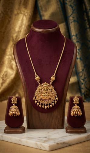 Image of Traditional Gold-Plated Lakshmi Temple Pendant Necklace Set for Women | Antique South Indian Jewelry with Jhumka Earrings | Ethnic Bridal, Wedding & Festive Jewelry Set