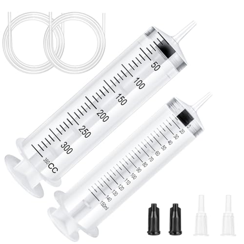 OFFCUP 150 & 350 ml Large Capacity Syringe Reusable Liquid Plastic Syringe with 2PCS 130cm Tube Large Capacity Measuring Syringe for Lab Liquids Pet Feeding Plant Irrigation (150+350ml)