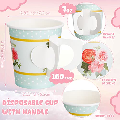 160 Pcs Floral Paper Tea Cups Tea Party Decorations 7 Oz Disposable Tea Cups With Handle Vintage Floral Paper Cups For Girls Birthday Baby Shower Wedding Spring Tea Party Supplies #TOP3