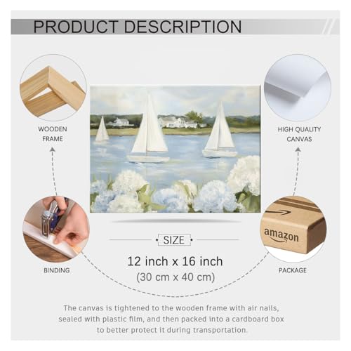 Light Blue Sailboat Hydrangea Wall Art 12X16 Inch Wrapped Framed Summer Nautical Coastal landscape Poster Preppy Aesthetic Canvas Painting for Beach House Wall Decor by YYS - Image 2