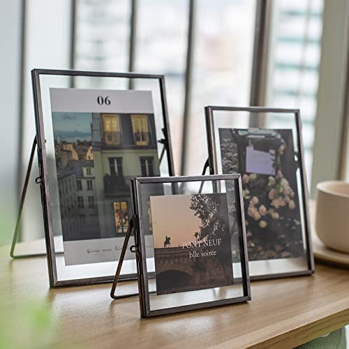 Set Of 3 Glass Pressed Flowers Frame, Vintage Black Floating Picture Frames Collection 4" X 4", 4" X 6", 5" X 7", Metal Tabletop Standing Glass Floating Picture Frame Home Decor Artwork Photo Display #TOP2