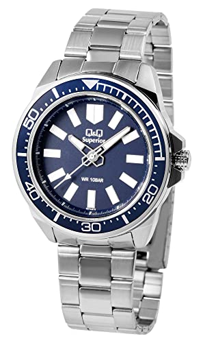 Image of Q&Q Superior Analog Watch for Men - Blue Dial, Stainless Steel Strap, 10 BAR Water Resistant - S374J212Y