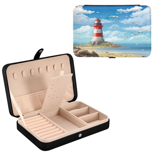 Haskirky Manga Lighthouse Jewelry Box Portable PU Leather Travel Jewelry Organize for Women Jewelry Storage Display Holder for Ring, Necklace, Earring