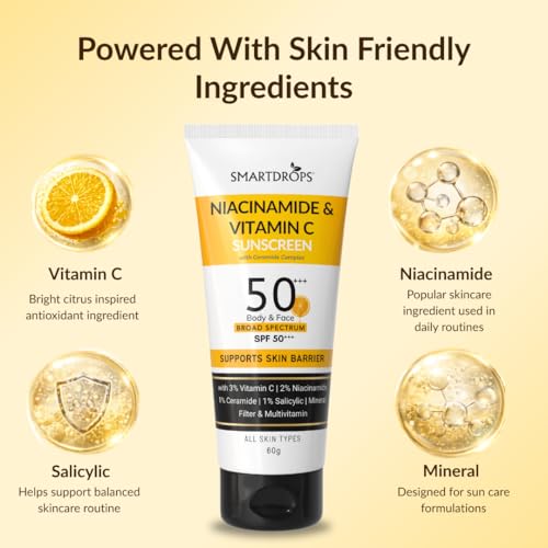 Image of SPF 50+++ PA+++ Broad Spectrum Sunscreen Lotion with Niacinamide and Vitamin C, Lightweight Daily Sunscreen for Face, Neck and Body, Men and Women Use | 60ml (Pack of 3)