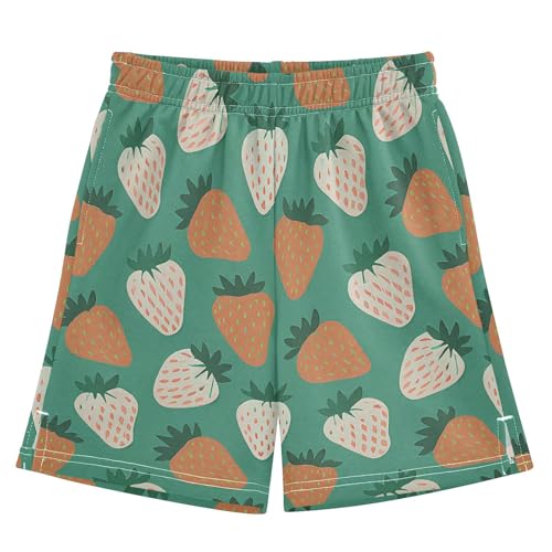 Cute Strawberry Athletic Shorts with Zipper Pockets, Youth Boys Athletic Running Shorts for Summer
