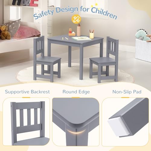 Image of Curipeer Toddler Table and Chair Set, Kids Table and Chairs, Kids Table with Rubber Wood Legs for Children, Toddler Table and 2 Chairs for Kid's Room, Bedroom, Playroom (Gray)