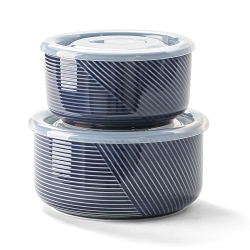Adewnest Ceramic Nesting Bowls with Lid, Microwave Safe, Set of 2, Navy