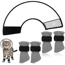 5 Pcs Cat Boots Anti Scratch Mittens Gloves with Elizabethan Collar Adjustable Cat Claw Protectors Covers Mesh Breathable Kitten Shoes Booties Anti Scratch Socks for Pet Bathing Cutting Nails