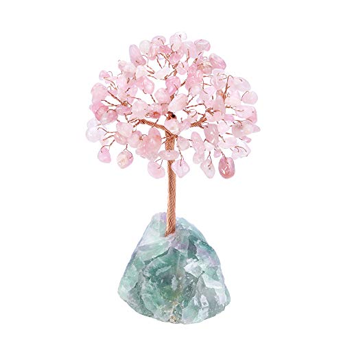 JSDDE Feng Shui - Árbol de dinero, árbol de la vida, fluorita, base de fluorita, piedras brillantes, árbol de la suerte, familia, oficina, habitación, decoración (rosa) Cover